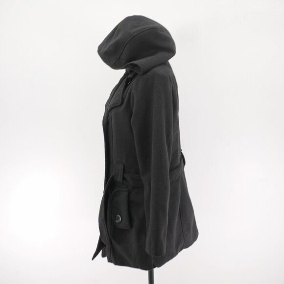Metaphor Medium Black Double Breasted Belted‎ Hooded Polyester Blend Overcoat - Picture 5 of 11